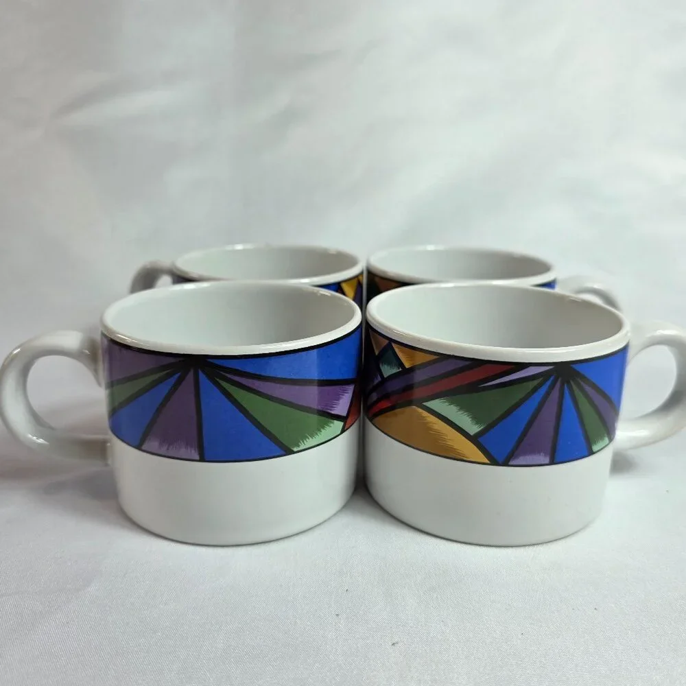 FOUR Sakura Sunset Mountain Flat Cups White with Multicolor Border